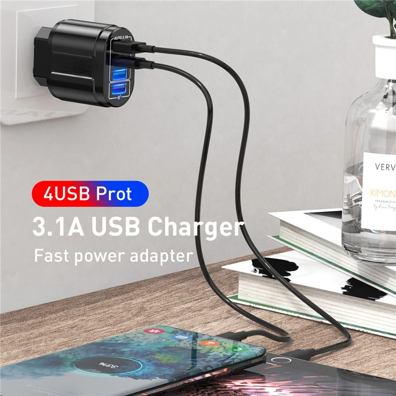 

2022 Trend For iPhone 12 11 Mobile 4 Ports EU US Plug Adapter Travel 48W USB Charger Fast Charge QC 3.0 Wall Charging