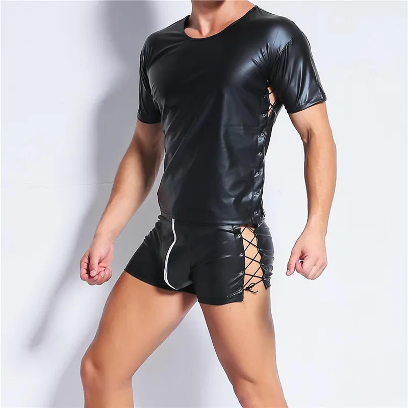 

Men's PU Faux Leather Sexy Set Lace-Up Bondage Top With Boxer Shorts Fetish Erotic Clubwear Costume