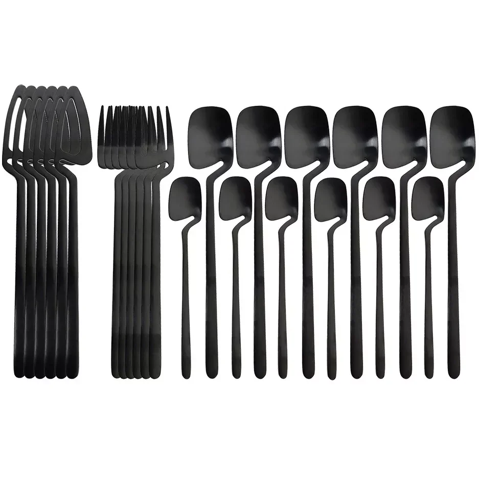 

24pcs Black Cutlery Set Spoon Fork Knife Tableware Set Kitchen Decor Dinnerware Sets Ice Cream Desserts Soup Coffee Use