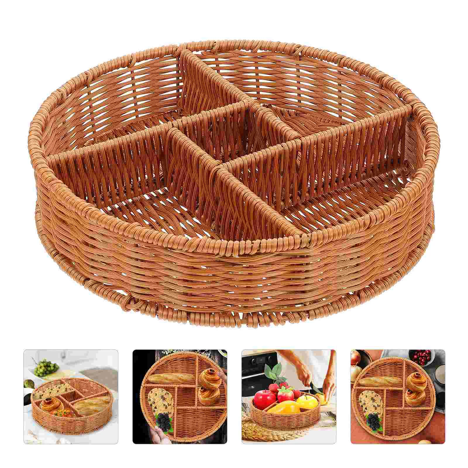 

Tray Basket Serving Storage Rattan Woven Fruit Holder Wicker Snack Bread Divided Organizer Baskets Display Plate Kitchen Nut