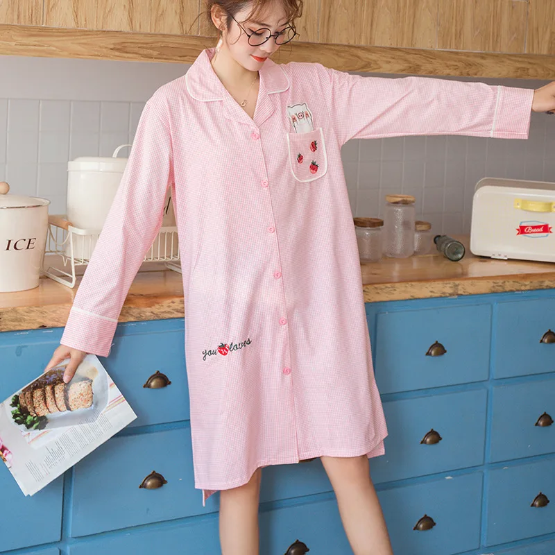 Plaid Strawberry Nightdress Women Nightgowns 2021 Autumn Pink Home Wear Long Sleeve Cardigan Nightwear Casual Loose Nightdress
