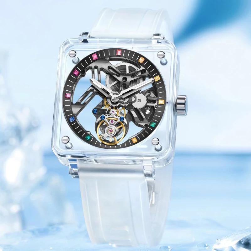 

SEAKOSS Transparent Tourbillon Mechanical Watch Skeleton Hollow Out Luxury Sapphire Waterproof Automatic Men's Rubber Wristwatch