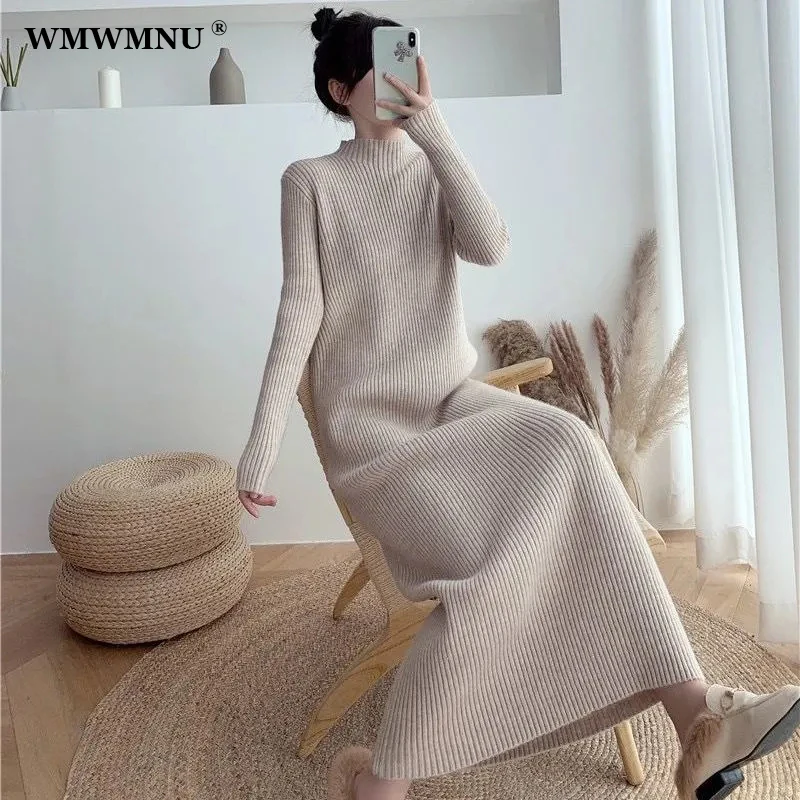 

Fall Winter Half Turtleneck Maxi Sweater Dress Women Korean Slim Long Sleeve Stretch Knitted Dress Fashion Basic Long Dresses