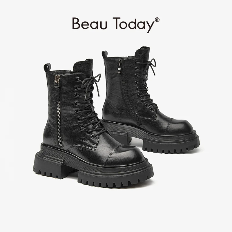 

Platform Ankle Boots Women Lace Up Chunky Se Round Toe Zipper Closure Casual Autumn Ladies Shoes Handmade 04614