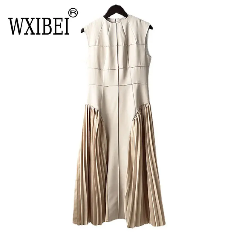 

WXIBEI Women's Fashion Elegant Vacation Long Dress 2023 Summer New Round Neck Slim Splicing Pleated Hem Sleeveless Dresses FC646