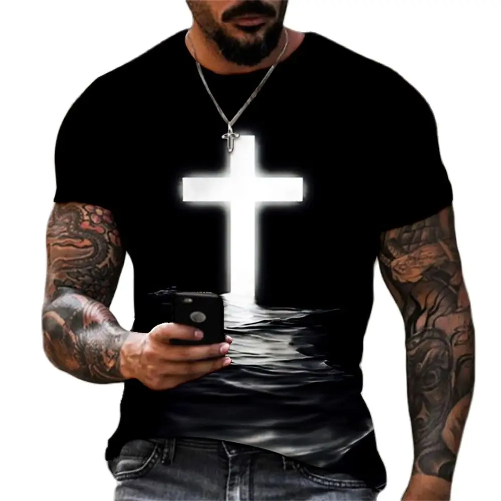 

Винтажная 3D футболка для мужчин с изображением Иисуса Христа, Бог, религия, принт распятия, Мужская большая футболка с коротким рукавом, топ ...