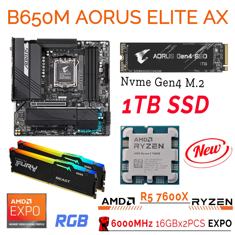 

Socket AM5 Motherboard Combo R5 7600X AM5 Processor Kit Gigabyte B650M AORUS ELITE AX DDR5 Memory 6000MHz 32GB RAM AMD B650 New