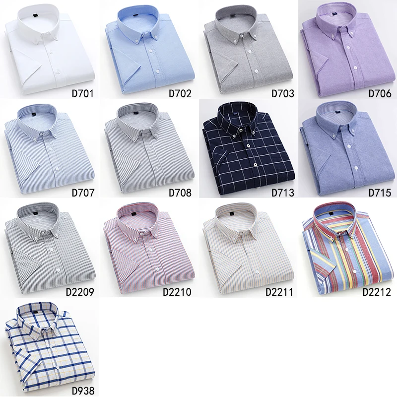 Men's Summer Clothing Casual Short Sleeve Cotton Oxford Shirt Single Patch Pocket Standard-fit Button-down Plaid Striped Shirts