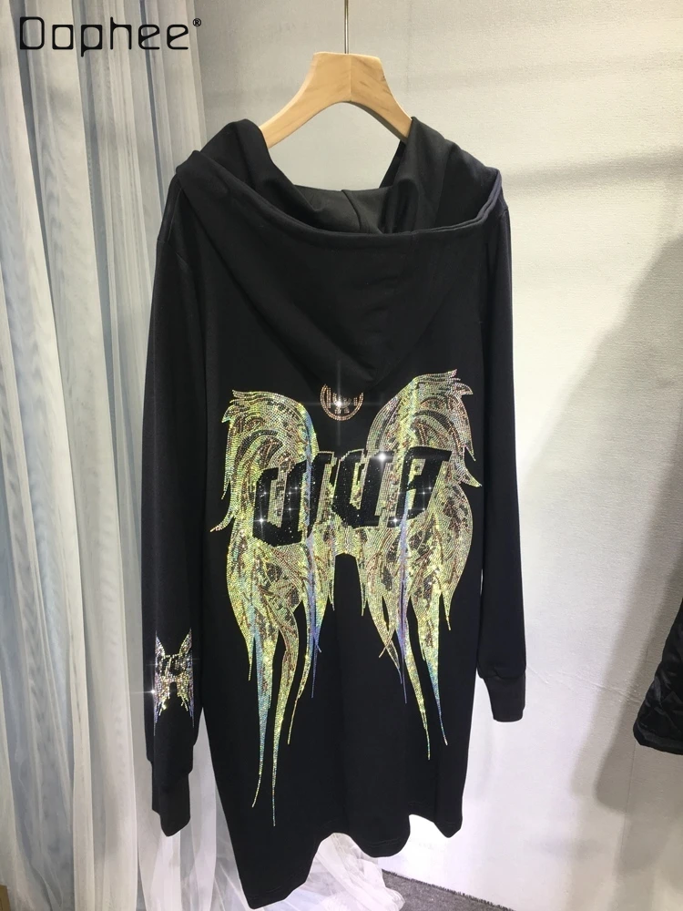 

Hot Drilling Long Sleeve Trench Coat Female 2023 Fall Winter Fashion Mid-Length Zipper Cardigan Black Hooded Jacket for Women