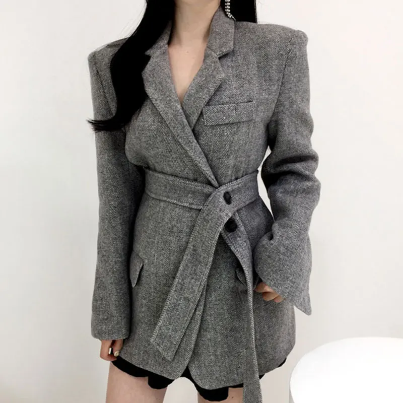 

SuperAen Korean Chic Autumn and Winter Suit Collar Lace Up High Waist Long Sleeved Wool Jacket Female