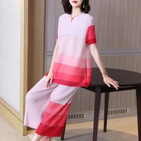 two piece set women elastic loose miyake pleated 2022 summer fashion striped short sleeve top pant suits for female 45 80kg