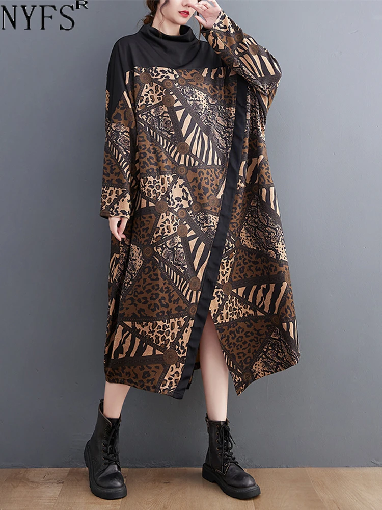 

2023 Autumn New Office Lady Woman Dress Vestidos Robe Elbise Loose Plus Size Patchwork Print Irregular Long Dresses