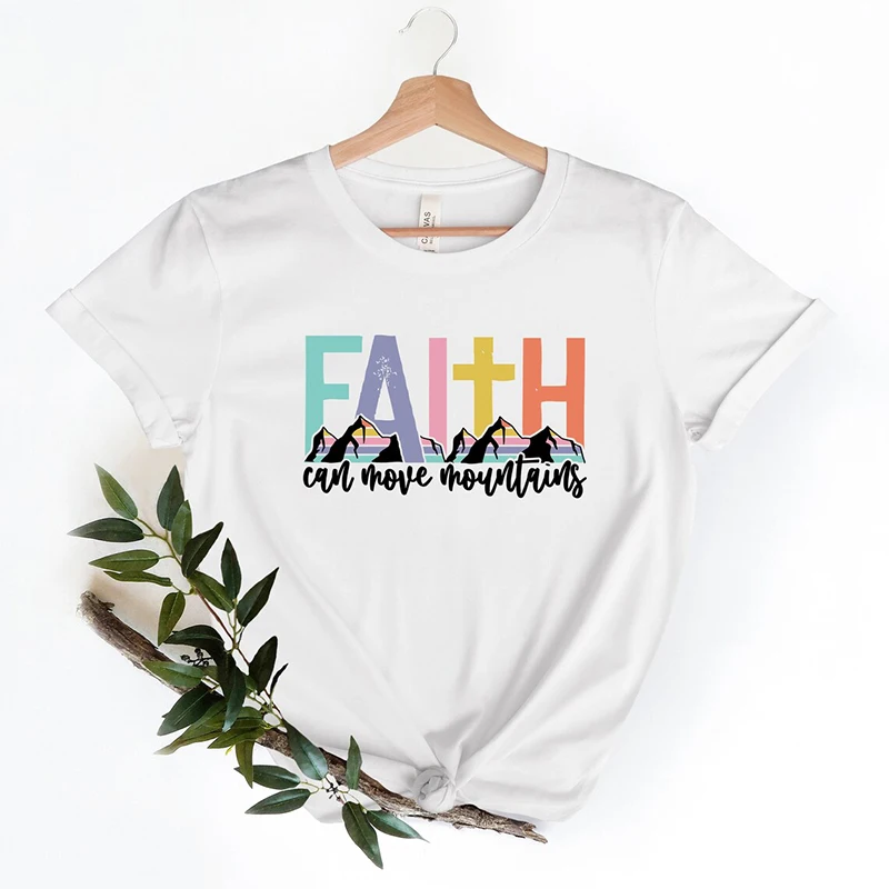 

Women's Summer Faith Can Move Mountains Letters Cross Print Y2k T-shirt Ladies Short Sleeved Tees Clothing Loose Cotton Tops