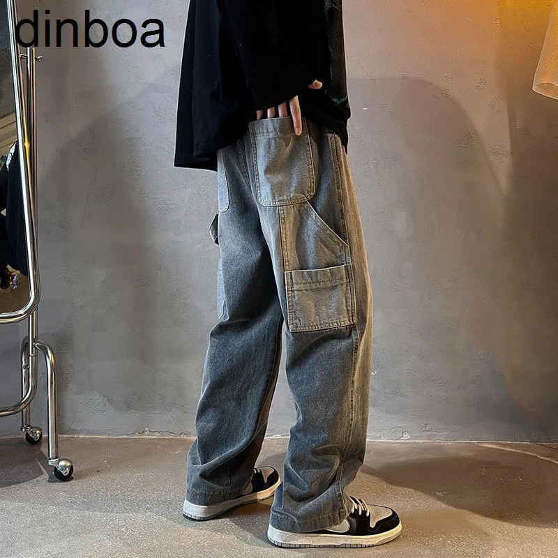 

Dinboa-multi Pocket Cargo Pants Men Clothing Fashion Retro Washed Old Trousers Men Pants Loose Casual Wide Legs Mens Y2k Pants