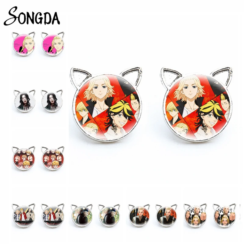

Anime Tokyo Revengers Cat Ears Stud Earrings for Women Manjiro Ken Takemichi Earrings Studs Glass Cabochon Jewelry Wholesale