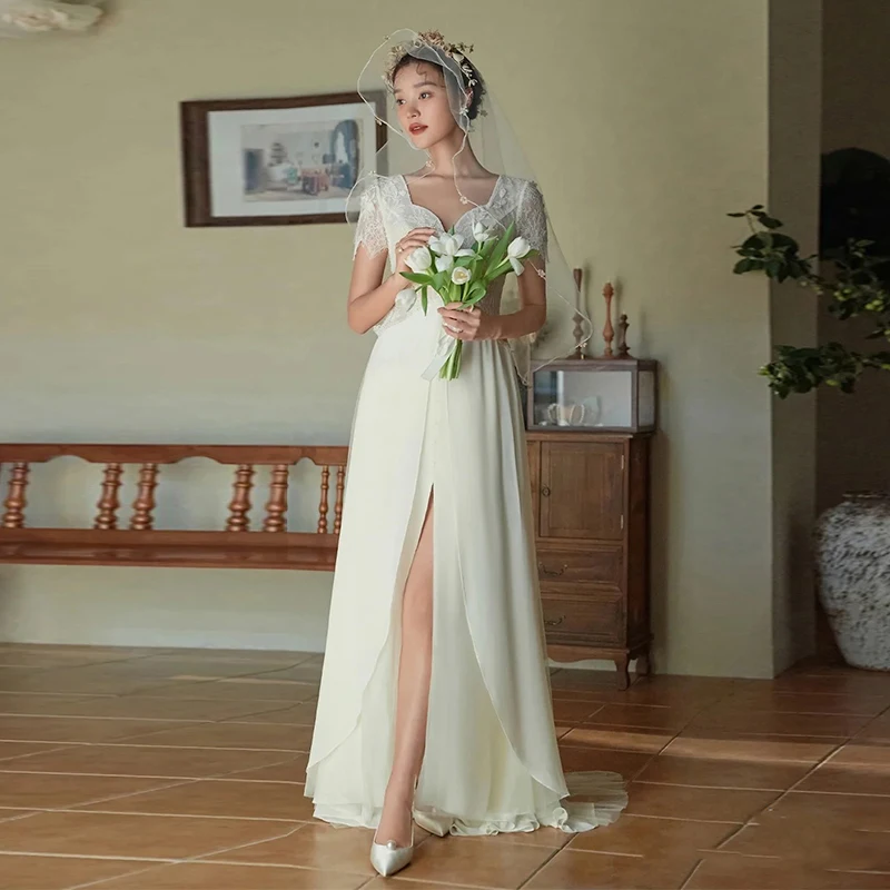 

Кружевные Простые Свадебные платья SONDR с V-образным вырезом и высоким разрезом, а-силуэт, в пол, цвета слоновой кости, платья для невесты, женские свадебные платья