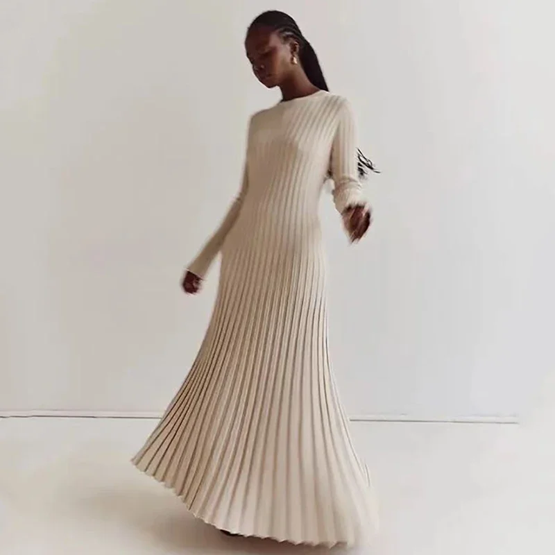 

Повседневное простое вязаное длинное платье для женщин, Осень-зима, однотонные, с круглым вырезом и длинным рукавом, для отдыха, элегантные облегающие, прямые женские платья