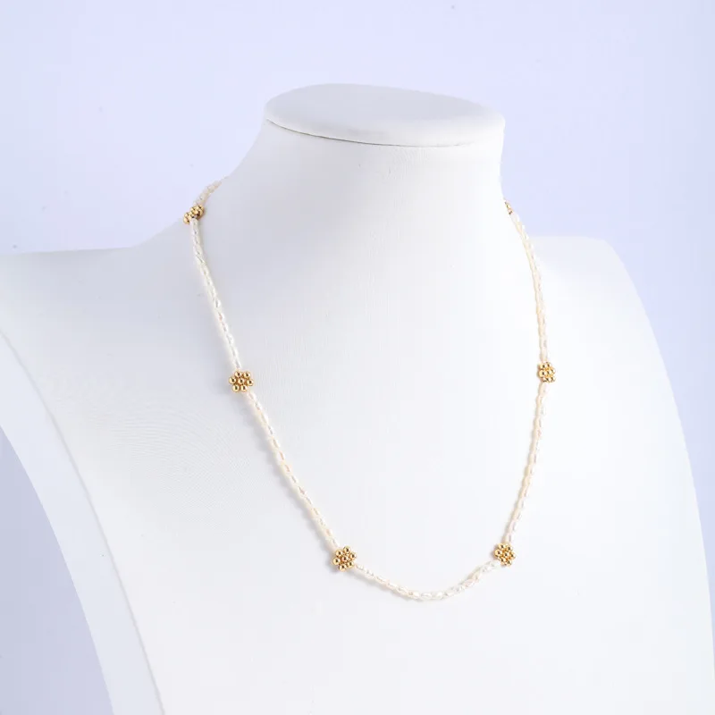 Women rice pearl necklace with gold beads choker fashion design torque jewelry