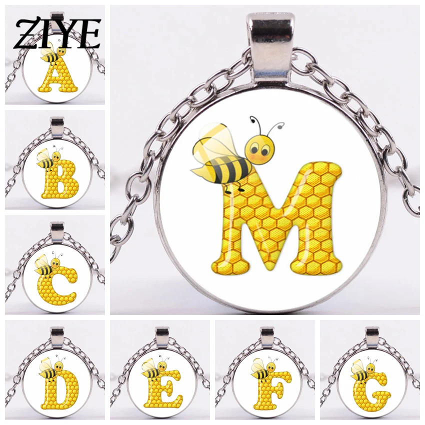 

Cute Honeybee Honeycomb Necklace Cartoon A-Z Initial Letter Art Photo Glass Cabochon Pendant Necklace For Teens Kid Jewelry Gift