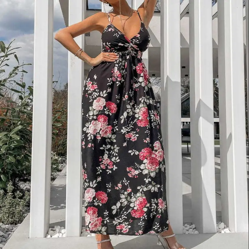 

Retro Refreshing Slender Colorful Floral V-neck Sleeveless Off Shoulder Elastic Waist Dresses Fashion Summer Women's Clothing