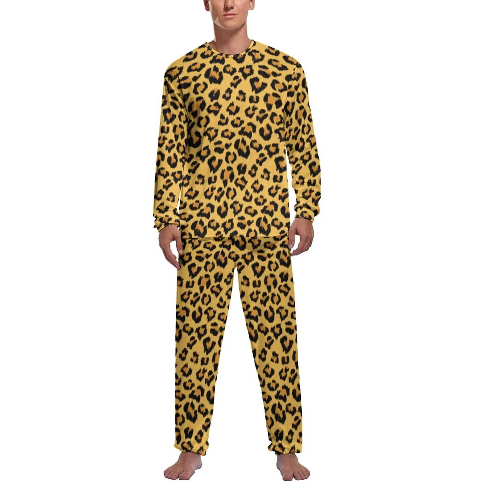 Classic Leopard Pajamas Men Faux Fur Animal Print Soft Sleepwear Winter Long Sleeve 2 Pieces Casual Graphic Pajama Sets