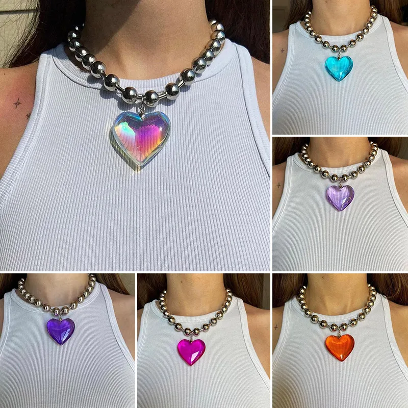 

Women's Heart Pendant Beaded Chain Necklace Glass Heart Pendant Necklace Niche Hip Hop Collarbone Chain Exaggerate Y2K Accessory