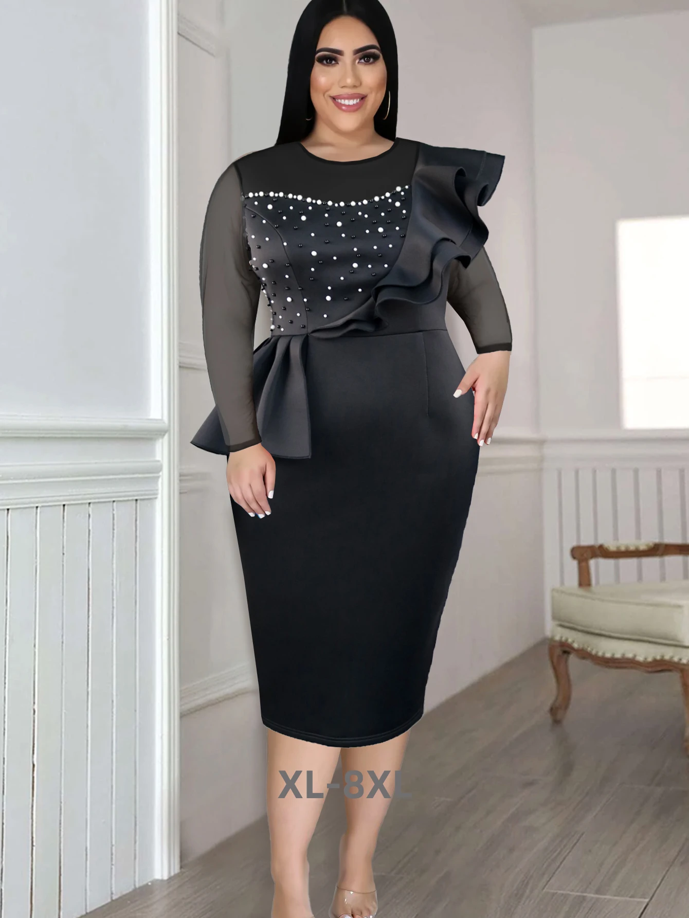 

Plus Size Beading Dresses for Women Sheath Gauze Patchwork Long Sleeves Ruffles Mid-calf Celebrate Birthday We 3xl 4xl 5xl 6xl