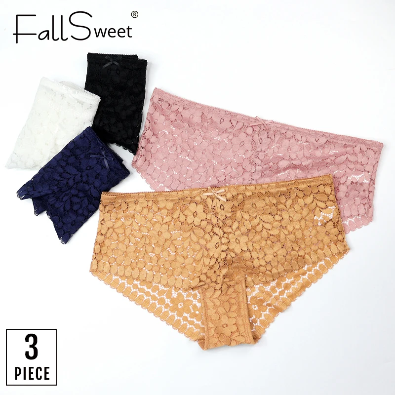 ¡FallSweet 3 unids/lote! Bragas de encaje de talla grande, ropa interior transparente, lencería Sexy para mujer, calzón calado, M a XXL