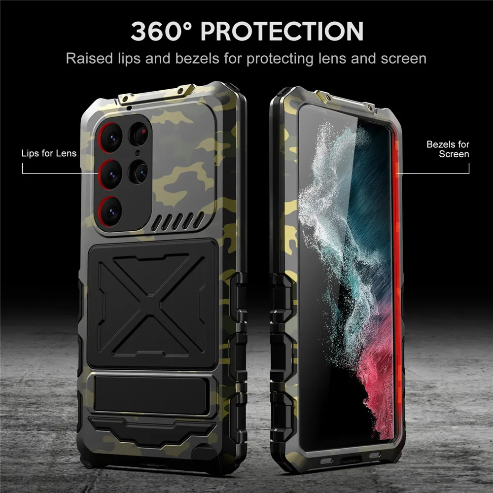 R-just Grade Anti-fall Armor Case For Samsung Galaxy S23 Ultra Shockproof Build-in Kickstand 360 Protection Glass