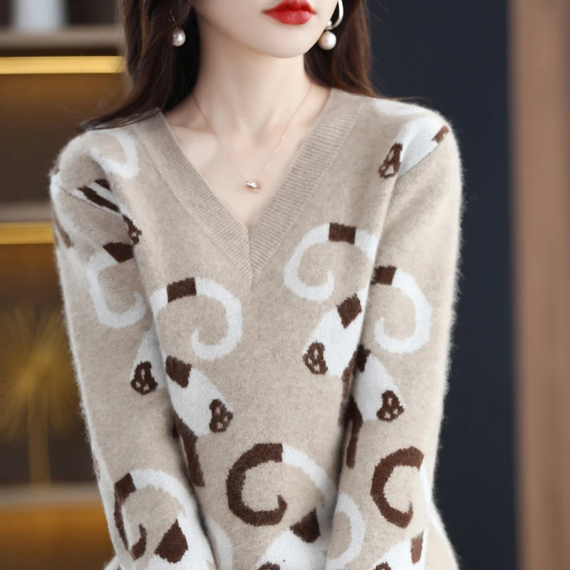 

Autumn Winter New Style Woman's Sweaters Female Pullover Long Sleeve V-Neck Casual Coats Jumpers 100% Wool Knitted Tops Clothing