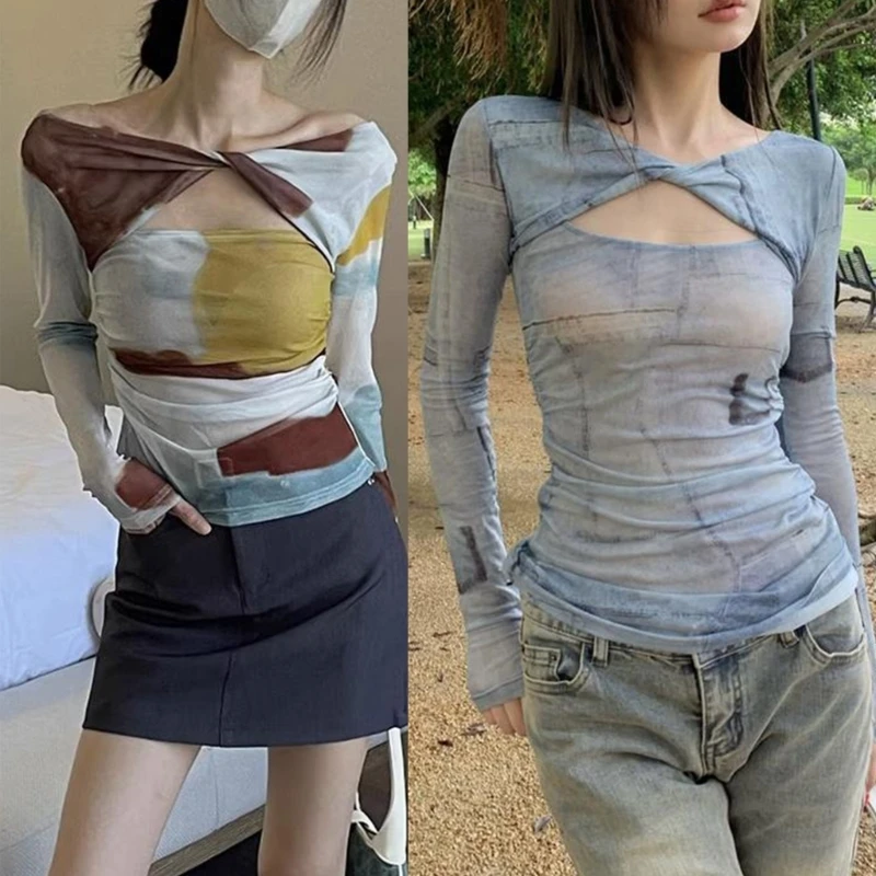 

Stylish Sheer Mesh T-shirt Long Sleeve Floral Print Top for Fashionable Ladies