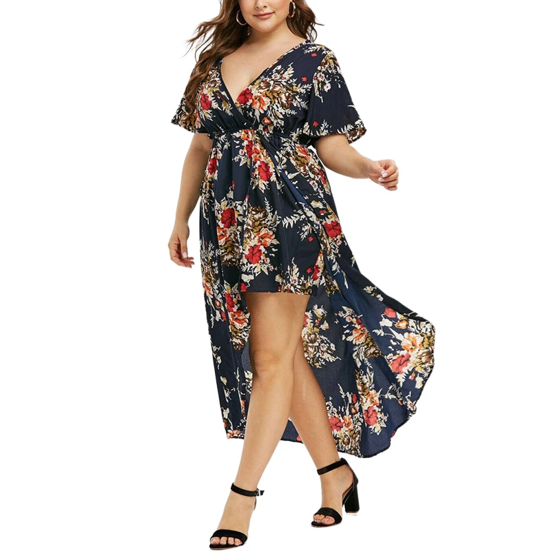 Plus Size Summer Floral Print Long Dresses Women Wrap V Neck Irregular Hem Maxi Dresses Loose Casual Beach Vestidos Dresses