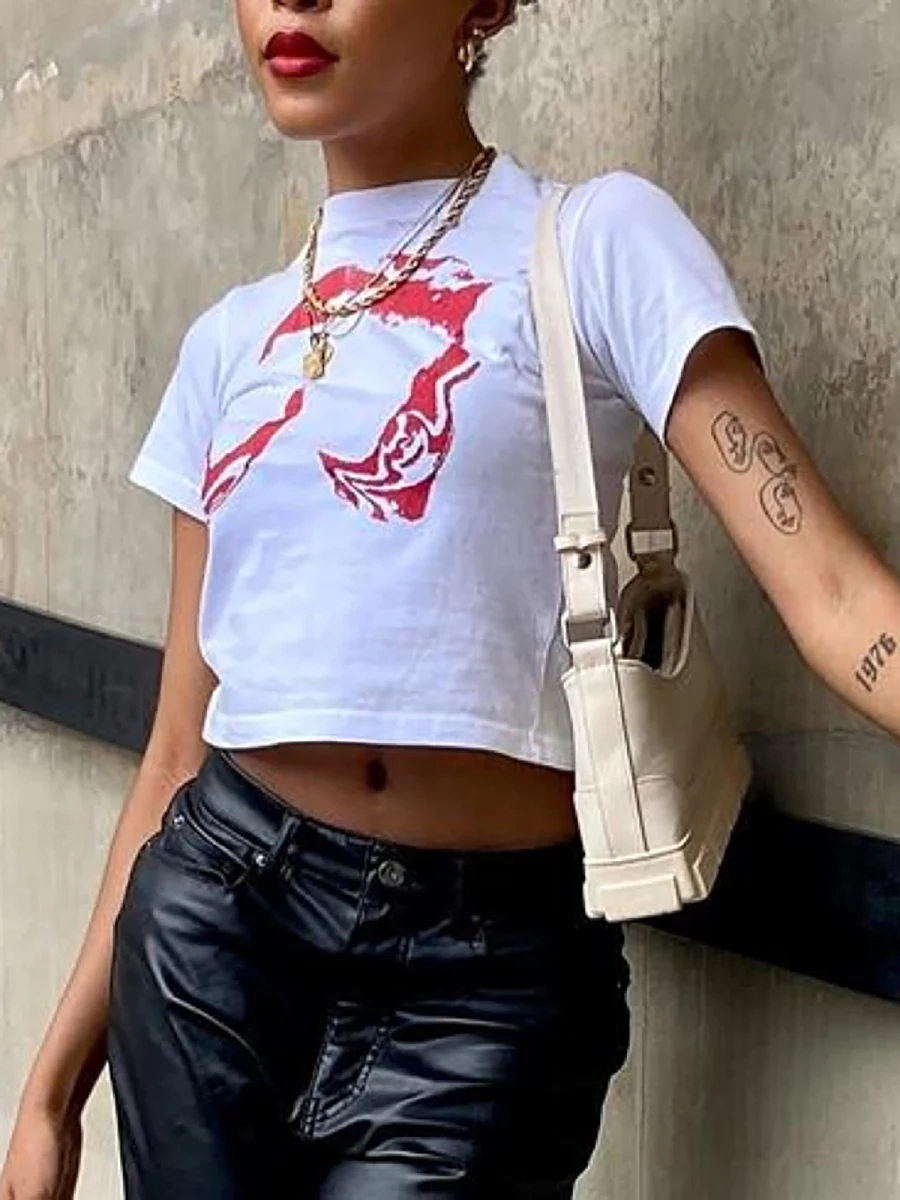 

2022 New Women Fashion T-shirt Crew Neck Short Sleeve Abstract Print Summer Tops for Casual Daily