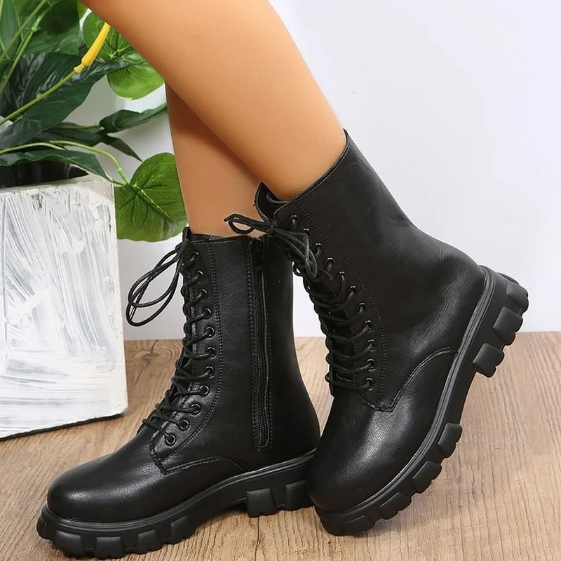 Women's Martens Boots PU Leather White Ankle Boots Autumn Winter Motorcycle Boots Fashion Female  Chunky Heel Platform Boots