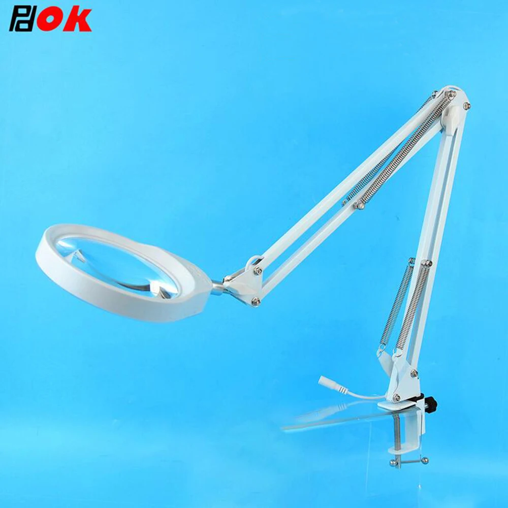 10X Big Lens Real Glass 127mm Magnifying Glass Lamp with Stand 5 inch , White color, with 48 leds, 47cm Long Swirl Arm