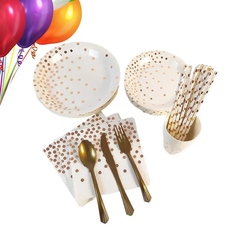 

Party Dinnerware Set Paper Tableware Plate Dinnerware Reception Kit Party Dinnerware Set With Gold Foil Polka Dot Pattern For