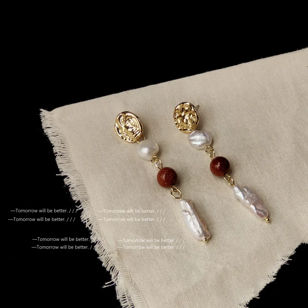 

925 Silver Needle Irregular Freshwater Pearl Long Earrings Vintage Handmade Design Sense of Elegant Temperament Stud Earrings