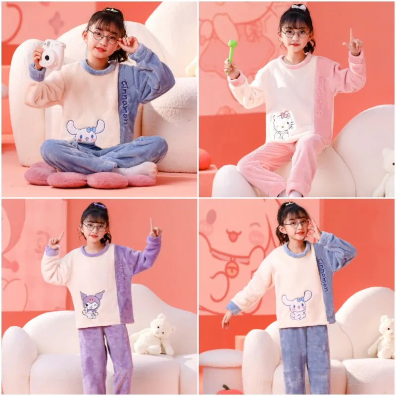 

Sanrios Cinnamoroll Kuromi HelloKittys Children Girls Winter Winter Coral Velvet Home Clothing Cute Soft Flannel Pajamas