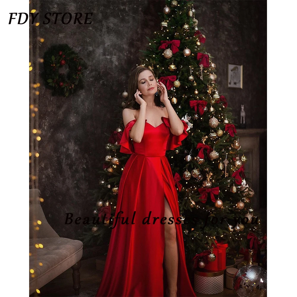 

FDY Store Off-the-Shoulder Neckline Chirstmas Cathedral Train Simple Satin Prom Evening Dress Formal Occasion Party for Women