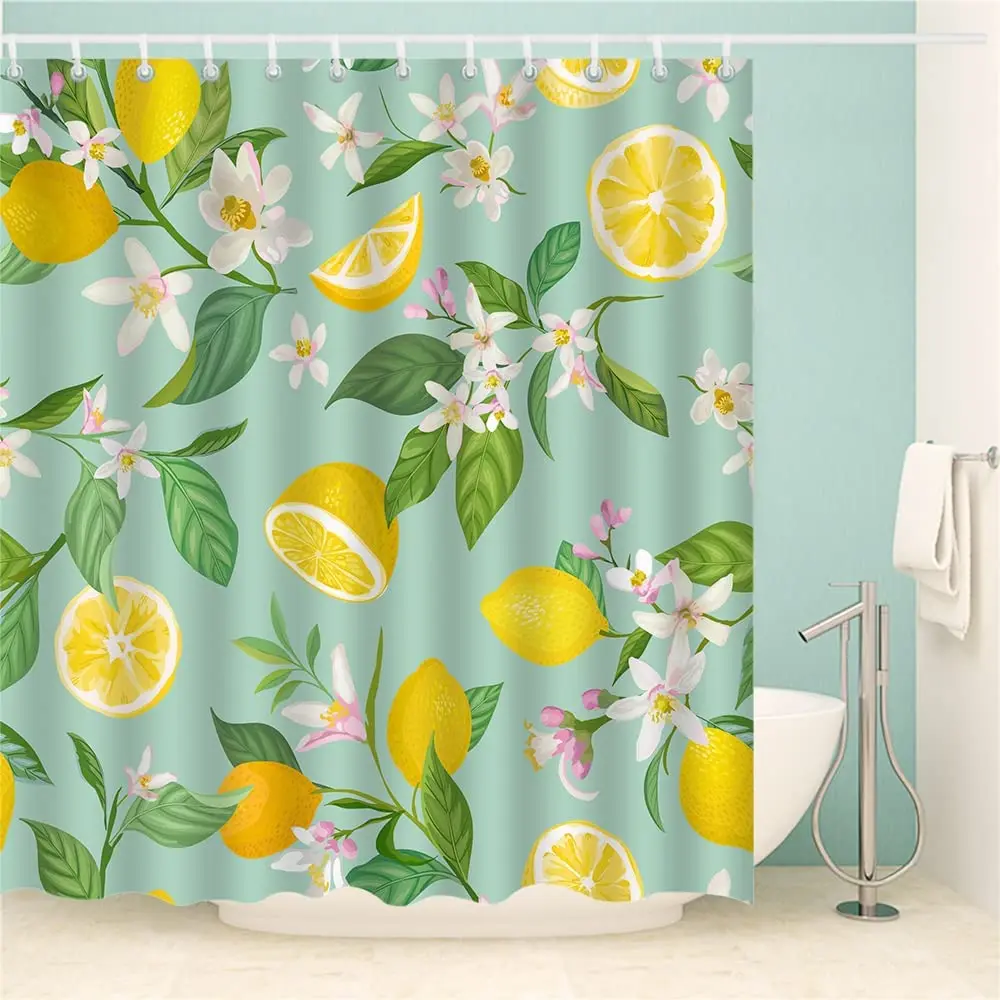 

Lemon Fruits Shower Curtains Green Leaves Flower Plant Design Waterproof Fabric Bathroom Curtain Set with 12 Hooks 72x72 Inch
