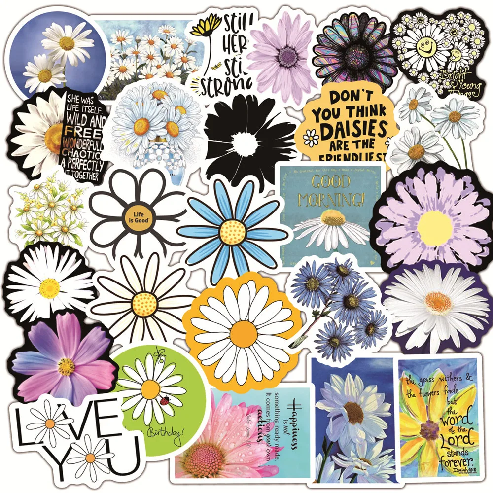 

50 Small Fresh Daisy Stickers Water Cup Luggage Hand Account Skateboard Refrigerator Car Waterproof Decorative Stickers Toys