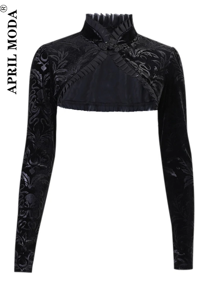 

2023 Black Victorian Gothic Bolero Women Jacket Velvet Floral Stand Collar Long Sleeve Lace Corduroy Jackets Jaqueta Feminina