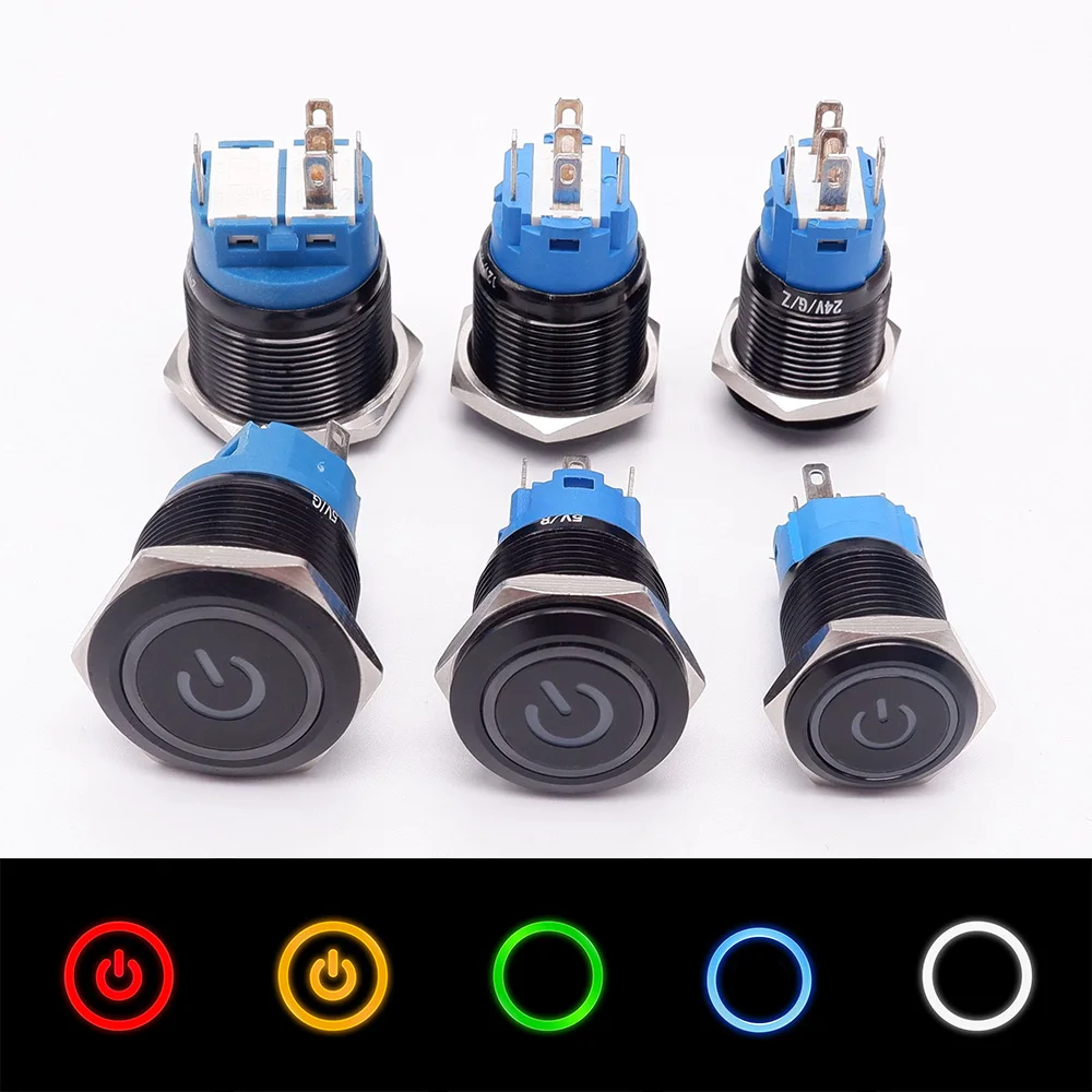 16mm 19mm 22mm Oxidation Black On Off Metal PC Button Switch Car Power Start With Led Waterproof Momentary Locking 5V 12V 220V