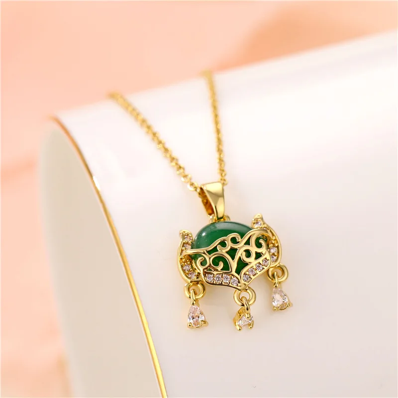 

Gold Color Elegant Green White Stone Amulet Necklaces Crystal Pendant Stainless Steel Chains Choker Jewelry Gifts for Women