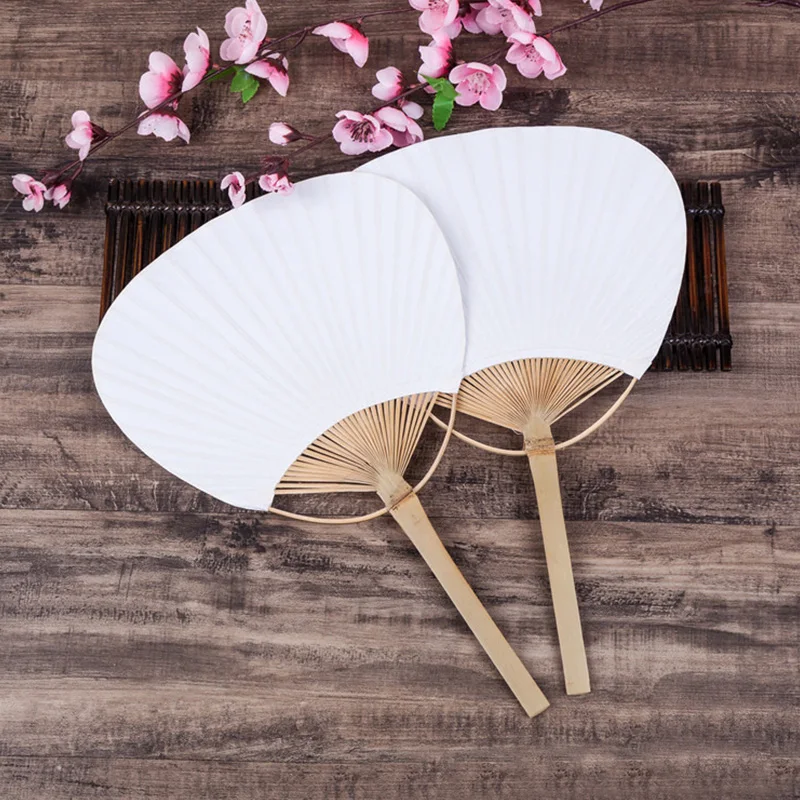 

2pcs White Hand Held Fan Bamboo Practice Calligraphy Painting DIY Blank Paper Fan Summer Wedding Party Decor Wed Gifts