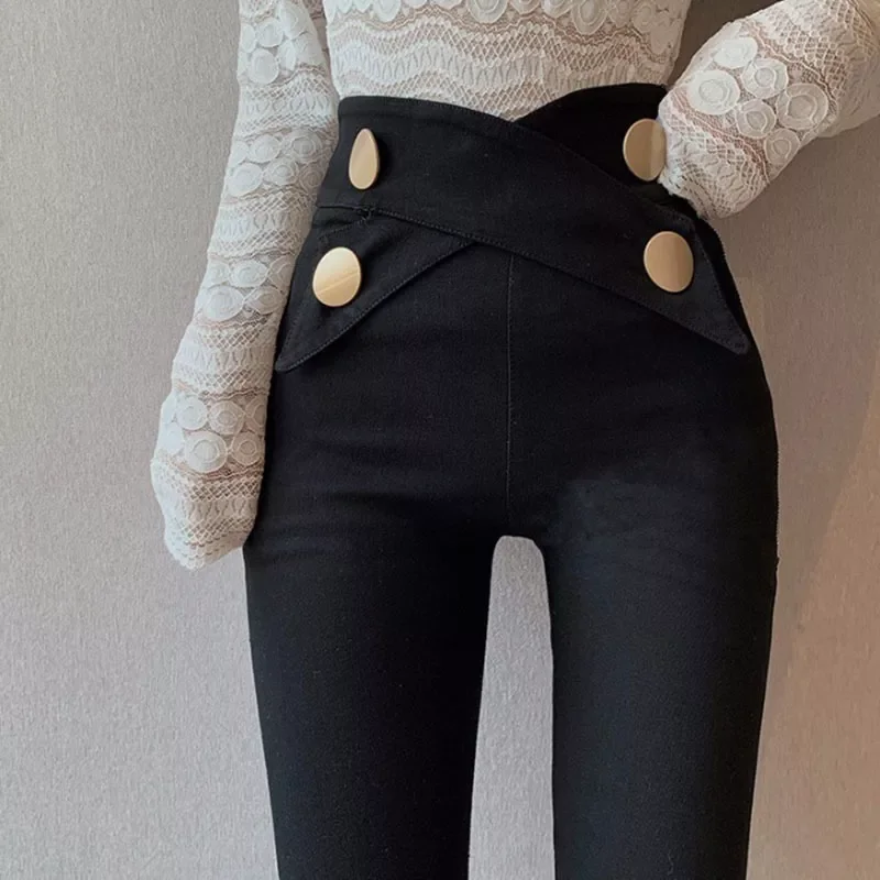 

2022 New Spring Casual Irregular Trousers For Women High Waist Lace Up Button Straight Slim Pants Female Autumn Fashion KZ1014