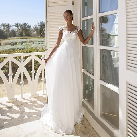 Simple Scoop Empire Wedding Dresses for Pregnant Women Cap Sleeves Chiffon Boho Bridal Gown Maternity Bride Dress Robe de Mariee