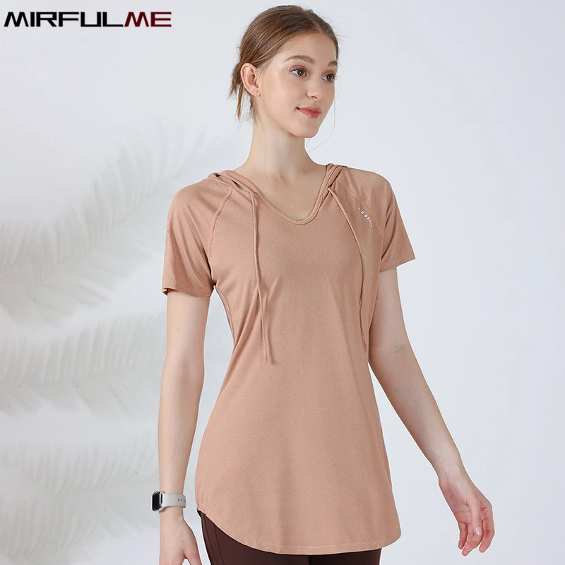 

Women Sport Hoodies Loose Yoga Shirts Short Sleeve T-Shirts Quick Dry Running Hooded Tops Elastic Gym Fitness Tops Blouse Female