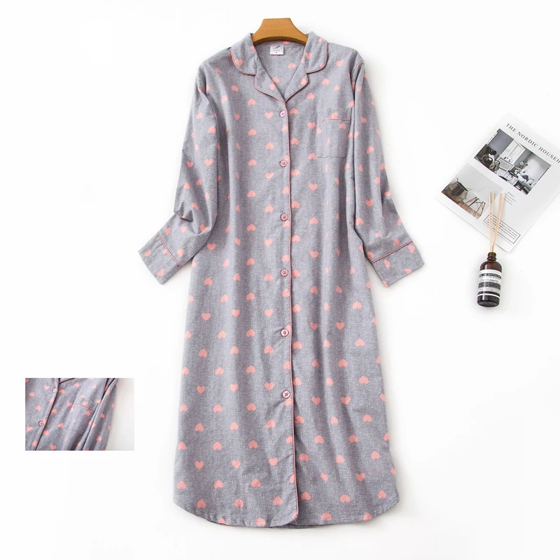 Ladies Cotton Nightgown Women Nightdress Long-sleeved Plaid Print Female Sleepwear Nightshirt Button UP Nightie