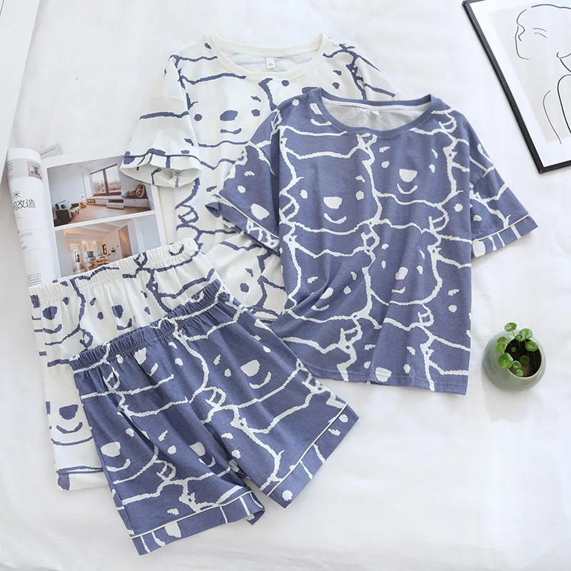 Pajamas for Women Summer Short Sleeve Shorts Suit Cotton Thin Brief Strokes Bear Crew Neck  Nightwear Simple Leisure Home Sleep